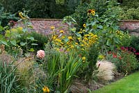 Parterre chaud de fin d'été avec Dahlia 'Préférence', Achillea, Helianthus et graminées ornementales Carex.