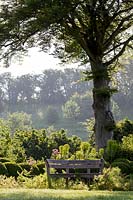Hanham Court Gardens, Bristol. Jardin du début de l'été avec banc en bois topiaire et rustique