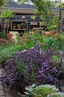 Détail d'un parterre de jardin de jardin regardant en arrière vers la maison fermée par un mur en bois recyclé, avec des pots montés sur les murs plantés de plantes succulentes.