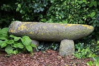 Un banc en pierre recouvert de lichen dans un coin ombragé avec du paillis d'écorce