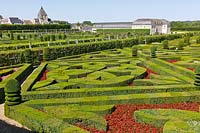 Jardin ornemental avec Buxus sempervirens coupés et Taxus topiaire, Château de Villandry, Vallée de la Loire, France