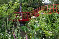The RHS Chelsea Flower Show 2019. The Trailfinders 'Undiscovered Latin America' Garden. Pont peint rouge et cascade dans un jardin informel doux.