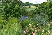 Vue sur les coquelicots orientaux et les delphiniums dans des parterres de fleurs, au-delà des collines du Staffordshire. Juin.