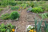 Terrain pour la culture de légumes, de fruits et de fleurs, montrant la disposition des parterres de fleurs avec des branches et des chemins avec des copeaux de bois déchiquetés