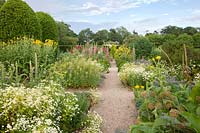 Voie formelle à travers Herb Garden avec Feverfew, Allium seedheads, Bourrache, Rose trémière, Inula et topiaire coupé