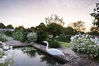 Jardin blanc à l'aube, vu de l'étang surélevé encadré par des pots d'Argyranthemum 'Starlight' et une sculpture d'oiseau