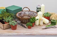 Matériaux et outils pour créer un panier de l'Avent vert avec des plantes succulentes