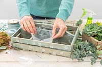 Femme ajoutant une doublure en plastique aux boîtes qui seront plantées de plantes succulentes