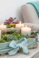 Arrangement de l'Avent dans une boîte en bois avec des bougies pilier sculpté et des plantes succulentes sur table basse