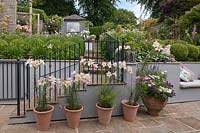 Vue jusqu'au jardin en forte pente avec des marches et des balustrades en pierre et des parterres de fleurs et un pavillon d'été au-delà, Cheshire
