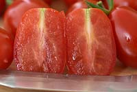 Solanum lycopersicum 'Riesling' - Cherry Plum Tomato - fruit cueilli un coupé en deux
