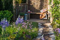 Allée de jardin menant à une clôture en bois et noisetier et abri avec banc de jardin en bois, au premier plan: parterre de fleurs avec Camassia esculenta 'Quamash', Lychnis flos cuculi 'Terry's Pink '.