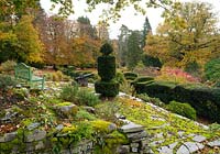 Une terrasse en pierre couverte de mousse avec vue sur Taxus baccata en forme de nuage et Buxus et feuillage d'automne sur Quercus au jardin des Arts et Métiers, High Moss, Portinscale, Cumbria, Royaume-Uni