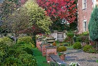 Vue le long d'une ancienne terrasse, au-delà d'un cerisier ornemental mature au feuillage rouge d'automne. Urnes plantées de bégonias et de pervenche.
