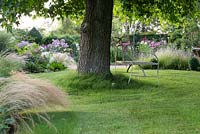 Un banc repose à l'ombre sous un arbre Liquidambar. Au-delà, le jardin carré avec phlox et dahlias.