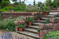 Des marches mènent du jardin inférieur à la terrasse principale. Sur les bords de chaque marche se trouvent des pots de géraniums, de lobélias, de fuchsias et d'héliotrope.