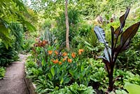 Vue sur le jardin situé dans une vallée escarpée avec son propre microclimat abrité, qui permet aux tendres plantes exotiques de s'épanouir.