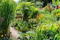 Chemin à travers un jardin situé dans une vallée escarpée, avec son propre microclimat abrité qui permet aux tendres plantes exotiques de s'épanouir.