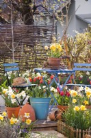 Espace détente sur terrasse en bois avec fleurs printanières en pots.