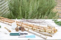 Branches de bouleau, pommes de pin, ficelle, ciseaux, sécateur, peinture blanche et pinceau disposés sur une table
