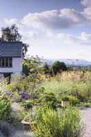 Jardin de gravier à Highfield Farm en août avec vue sur les collines de Monmouthshire au-delà.