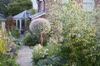 À la recherche d'un chemin de jardin et de parterres de fleurs vivaces vers une maison. Crambe cordifolia au premier plan.