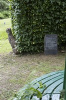 'The Reading Room 'est formé par un banc en métal vert cultivé autour d'un Quercus rubra, un chêne rouge dans une haie de noisetiers et avec des plaques d'ardoise manuscrites avec des citations de jardinage autour de lui. Lewis Cottage, jardin NGS Devon. Printemps.