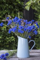 Centurea cyanus - Bleuets disposés avec des herbes sauvages dans un pot en émail bleu sur table