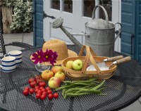 Espace détente sur une terrasse dallée, pavillon d'été, chaises et table en métal avec produits du jardin pommes, haricots verts et tomates