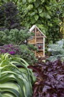 Bug house parmi le chou frisé, les haricots et les poireaux - BBC Gardeners' World Live, Birmingham juin 2022 - 'Marshalls Food for Thought Garden' - designer Jon Wheatley