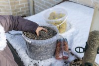Enfant se préparant à remplir la mangeoire à oiseaux avec des graines de tournesol le jour de la neige en hiver