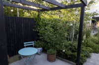 Patio isolé dans un jardin de banlieue avec pergola et petite table circulaire et chaise au coucher du soleil