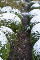 Un chemin de briques à travers le jardin de buis à la chambre basse en décembre.