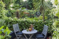Une petite salle à manger à côté d'une haie de jasmin étoilé, Trachelospermum jasminoides. Au-delà, le jardin est planté de conifères exotiques tels que des palmiers, un néflier du Japon, du crocosmia et de la cordyline.