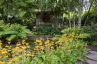 Primula bulleyana dans le jardin Stroll à Morton Hall Gardens avec un étang, une maison de thé et un chemin de pierre.