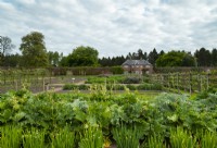 Bordures de légumes dans le potager et le chalet de jardin dans le jardin clos du château de Gordon.