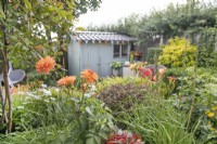 Joli cabanon dans petit jardin de banlieue à Lichfield, Staffordshire, dans le thème rouge orange et jaune, juillet
