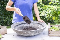 Femme plaçant du compost dans le pot peu profond