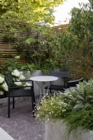 Jardin de cour avec coin salon avec parterres de fleurs surélevés et clôture en bois contemporaine.