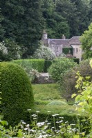 Vue sur jardin de maison à Moor Wood, Gloucestershre, avec des roses décousues et des haies taillées