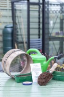 Graines de chou de Milan 'Vertus', compost, plateaux à graines, tamis à compost et arrosoir disposés sur une table en bois