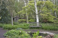 Jardin boisé avec étang à Barnsdale Gardens, avril