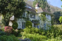 Vue de la maison aux jardins de Greencombe, Devon, jardin boisé de printemps