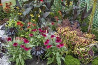Plantes vivaces 'Hot' dans un parterre de fleurs mixtes dans le jardin 'In Memento' au BBC Gardener's World Live 2021
