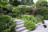 Pavage et marches gris pâle dans un jardin moderne luxuriant 