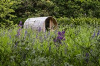 Sauna en bois installé dans une prairie de fleurs sauvages vivaces. 