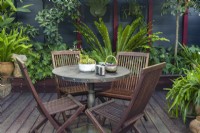 Un pot de plantes grasses mélangées, une théière et des tasses sur une table en bois avec des chaises, dans un jardin subtropical. 