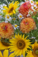 Bouquet de fleurs d'été jaune-orange-blanc contenant des tournesols, des dahlias et des camomilles. 