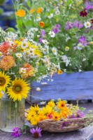 Bouquet de fleurs d'été jaune-orange-blanc dans un vase en verre comprenant des tournesols, des dahlias et des camomilles et un plateau de fleurs comestibles cueillies avec du souci, du fenouil et de la bergamote. 